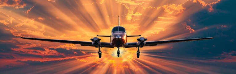 A small plane is flying through a sunset. The sky is filled with clouds and the sun is setting