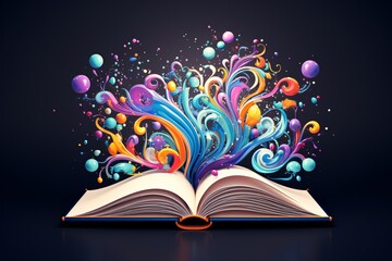 an open book with colorful swirls and bubbles coming out of it - obrazy, fototapety, plakaty
