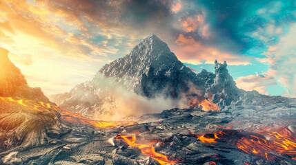 A mountain spewing out a large amount of lava due to volcanic activity - obrazy, fototapety, plakaty