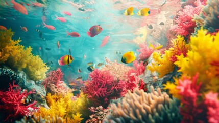 Fototapeta na wymiar A group of fish swim over a vibrant coral reef teeming with life in the ocean