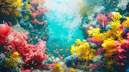 A lively coral reef filled with colorful fish swimming among the vibrant coral formations - obrazy, fototapety, plakaty