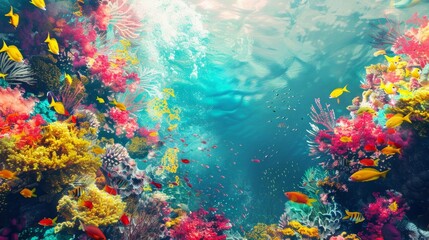 An underwater coral reef alive with colorful corals and fish swimming - obrazy, fototapety, plakaty