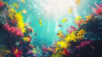 A diverse and colorful coral reef teeming with marine life, showcasing a vibrant underwater ecosystem