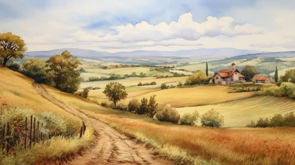 Foto op Aluminium Generative AI A tranquil countryside scene with rolling hills and a farmhouse. landscape watercolor © vadosloginov
