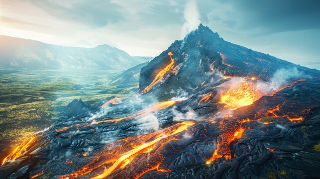 A gigantic mountain spewing rivers of lava from its peak in a volcanic eruption