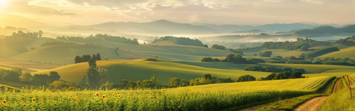 The image shows the sun shining brightly over the rolling hills in a serene landscape. The hills are lush green, and the suns rays create a beautiful contrast with the shadows.