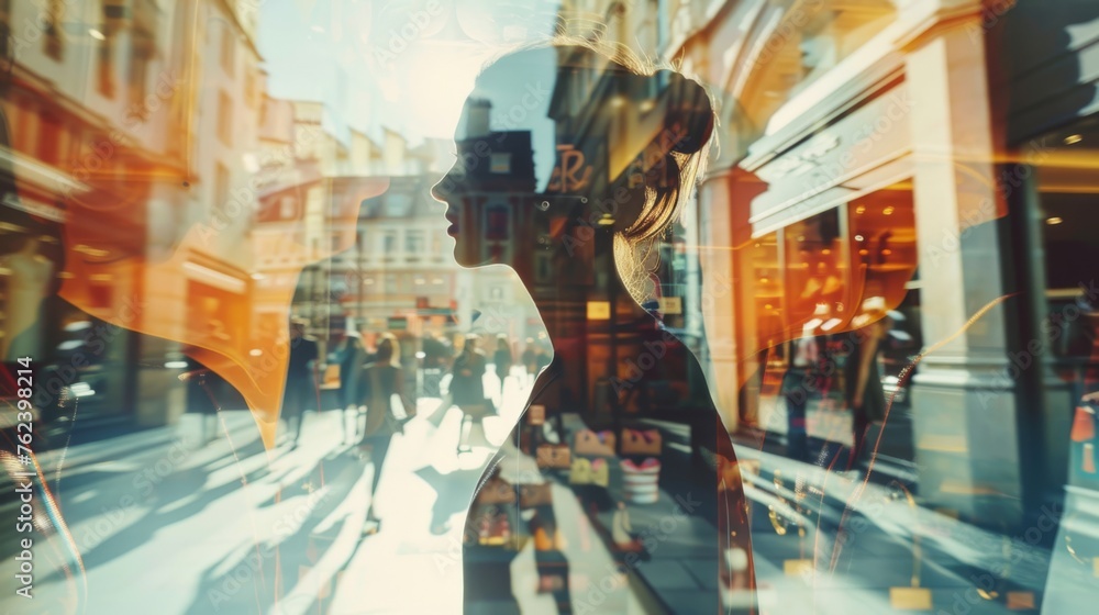 Poster a double exposure showcasing a womans face superimposed onto a city street scene. the womans feature