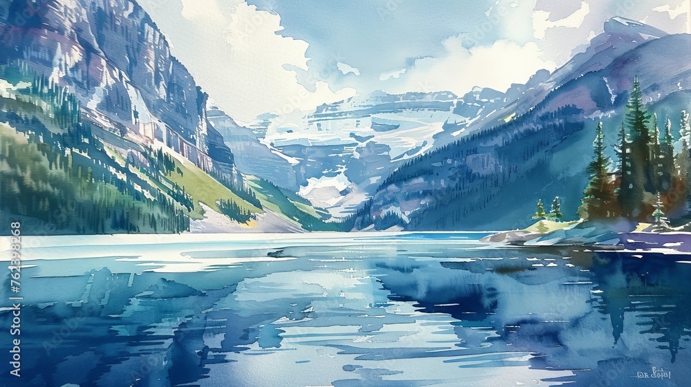 Poster a painting of a mountain range with a lake in the foreground. the mood of the painting is serene and