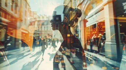 A double exposure showcasing a womans face superimposed onto a city street scene. The womans features blend with the urban environment, creating a unique and striking visual effect. - obrazy, fototapety, plakaty