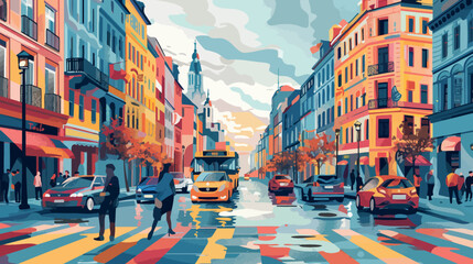 Colorful city street scene with pedestrians and cars - obrazy, fototapety, plakaty