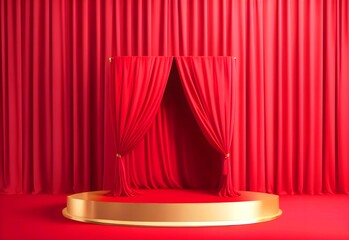 Red curtain platform background empty studio for product placement. Podium and abstract backdrop 
for brand promotion perfume or 
cosmetic display product show case.