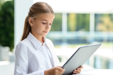 Preteen girl concentrating on reading a digital tablet indoors with natural light. Young Girl Focused on Digital Tablet - obrazy, fototapety, plakaty