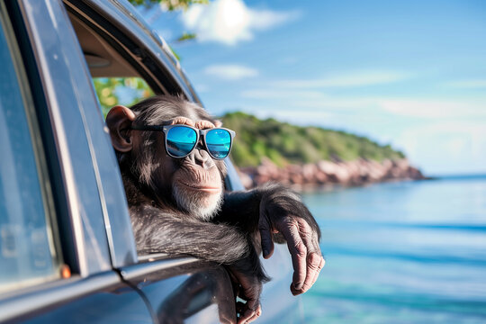 Close up portrait of chimpanzee with sunglasses looking out of a car window during a road trip and enjoying sea view. Summer vacation concept