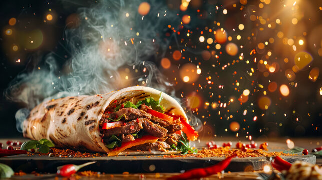 Chicken shawarma durum doner kebab. kafta shawarma chicken pita wrap roll sandwich. Traditional Middle Eastern snack. Delicious beef shawarma sandwich fresh roll with spices on dark background