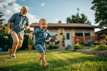 Happy grandfather and his grandson running and playing in beautiful backyard. Space for copy - 762398405