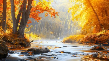 A river winds through a vibrant autumn forest, surrounded by tall trees and colorful foliage