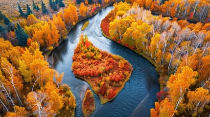 A river winds through a forest of trees in this aerial view