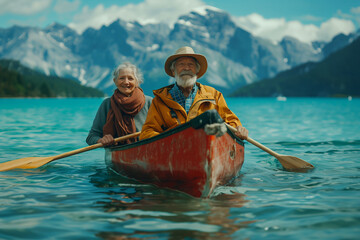 Senior couple kayaking together in the lake. Beautiful nature with snowy mountains in the background
