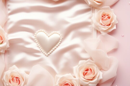 Pearl heart with pink roses on satin silk fabric for romantic occasions. Elegant Pearls and Roses on Silk Fabric