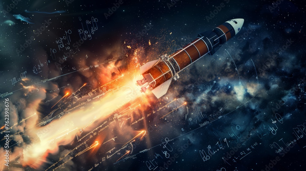 Poster an artists rendering of a rocket launching into space, showcasing the powerful blastoff and upward t