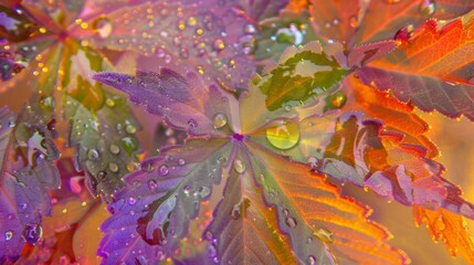 Detailed view of leaves with water droplets on them