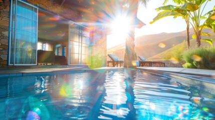 The sun shines brightly over a sparkling swimming pool - obrazy, fototapety, plakaty