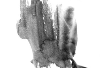 An expressive double exposure paintography portrait of a young man - 762398659