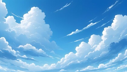 Blue sky with clouds. Anime style background with shining sun and white fluffy clouds. Sunny day sky scene cartoon vector illustration. Heavens with bright weather, summer season outdoor - obrazy, fototapety, plakaty