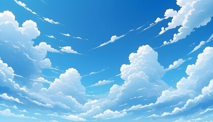 Blue sky with clouds. Anime style background with shining sun and white fluffy clouds. Sunny day sky scene cartoon vector illustration. Heavens with bright weather, summer season outdoor - obrazy, fototapety, plakaty