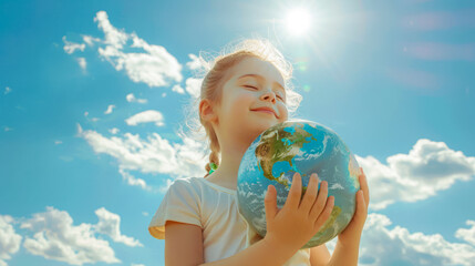 Earth day card. Child with Earth Globe on clear blue sky background. World peace, no war concept. Environment, save clean planet, ecology concept. Love and Save the World for the Next Generation