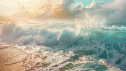 A painting depicting the powerful force of waves crashing onto a sandy beach, capturing the dynamic movement and energy of the ocean - obrazy, fototapety, plakaty
