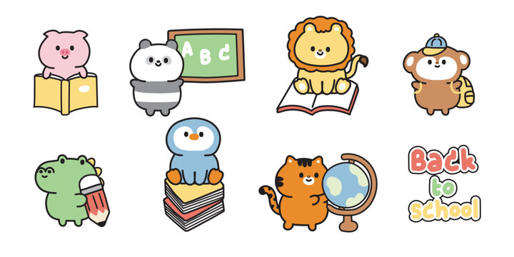 Set of cute animals in back to school concept.Class.Student.Study.Wild,farm,reptile,pet animal character cartoon design collection.Kid graphic.Kawaii.Vector.Illustration.