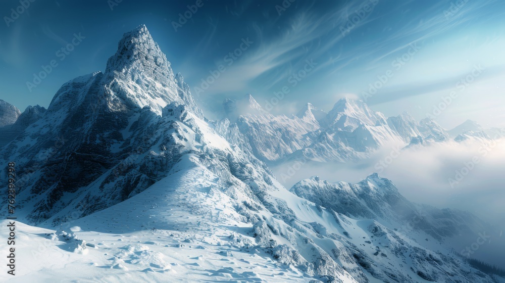 Aufkleber a mountain range covered in snow with a blue sky in the background