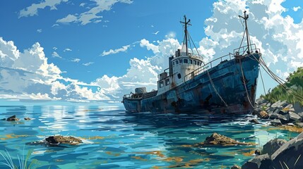 Generative AI Panoramic shot of a cargo ship in calm waters, clear skies, distant horizon, detailed linework, - obrazy, fototapety, plakaty
