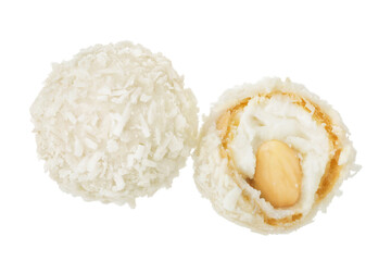 round candy raffaello with coconut flakes and nut isolated on white background. Top view. Flat lay.