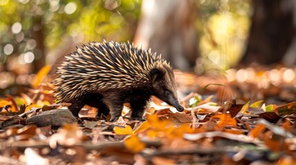 A small, brown and black animal with a long, thin snout is walking through a pile of leaves