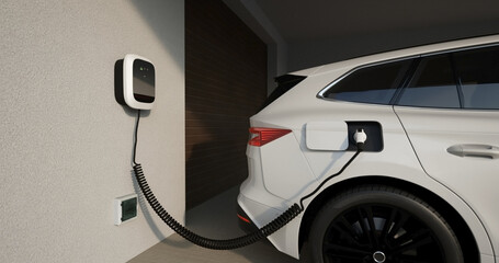 Home charging station provides an eco-friendly sustainable power supply for generic EV cars. Progressive concept for future green energy storage for electric vehicles.