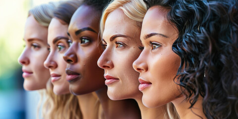 Portrait of group of multiracial women posing together outdoors. Multiracial females with different cultures standing together. Multi-ethnic beauty. Different ethnicity women. Feminists, tolerance
