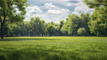 a green field enveloped by lush trees, captured in a realistic photograph that evokes a sense of peace and harmony. - obrazy, fototapety, plakaty