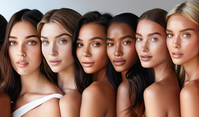 Fototapeta premium Portrait of six young multiracial women standing together and looking at camera isolated over grey background. Multi-ethnic beauty. Different ethnicity women. Body care. Feminists, tolerance