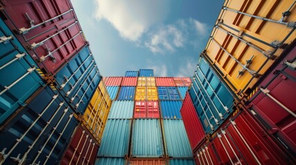 Fototapeta premium set of containers of different colors grouped on top of others in a ship or warehouse