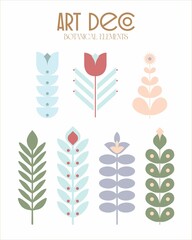 Set of isolated plant elements in Art Deco style on a white background. Geometric symmetrical elements are suitable for wedding printing, branding, logo creation, presentations and DIY