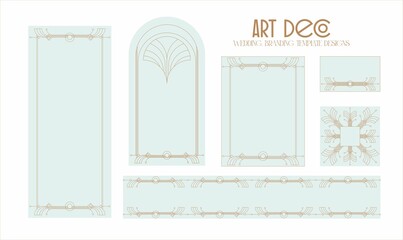 Set of template designs in Art Deco style. Geometric linear ornaments on various pastel colored letterheads.Digital illustration for wedding printing, branding,corporate identity, advertising campaign