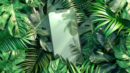 A cell phone is placed atop a mirror, encircled by fresh green leaves, creating a modern and artistic composition
