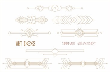 Set of borders in Art Deco style. Golden linear geometric shapes and figures on a white background. The arrangements are suitable for wedding design, branding, printing, advertising.
