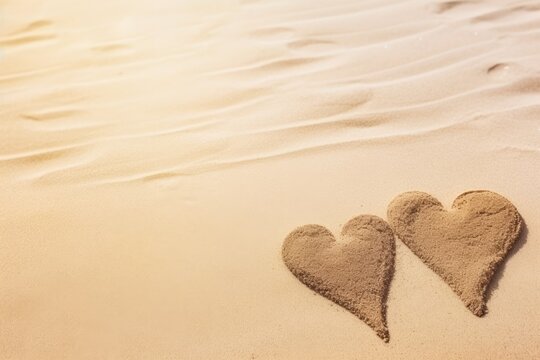 Two hearts drawn on golden sand, with textured waves and soft lighting, depicting a romantic setting.
