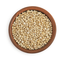 Sorghum seeds in ceramic bowl isolated on white background. Top view. Flat lay.