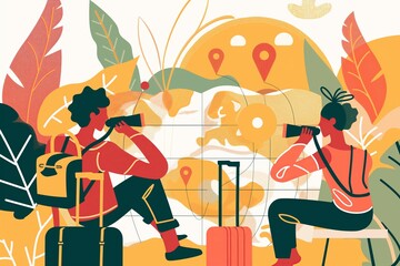 Young couple travel cartoon illustration with a map, location pins, and suitcases