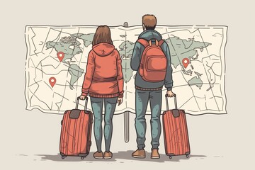 Young couple travel cartoon illustration with a world map, location pins, and suitcases