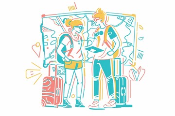 Young couple travel cartoon illustration with a world map, location pins, and suitcases